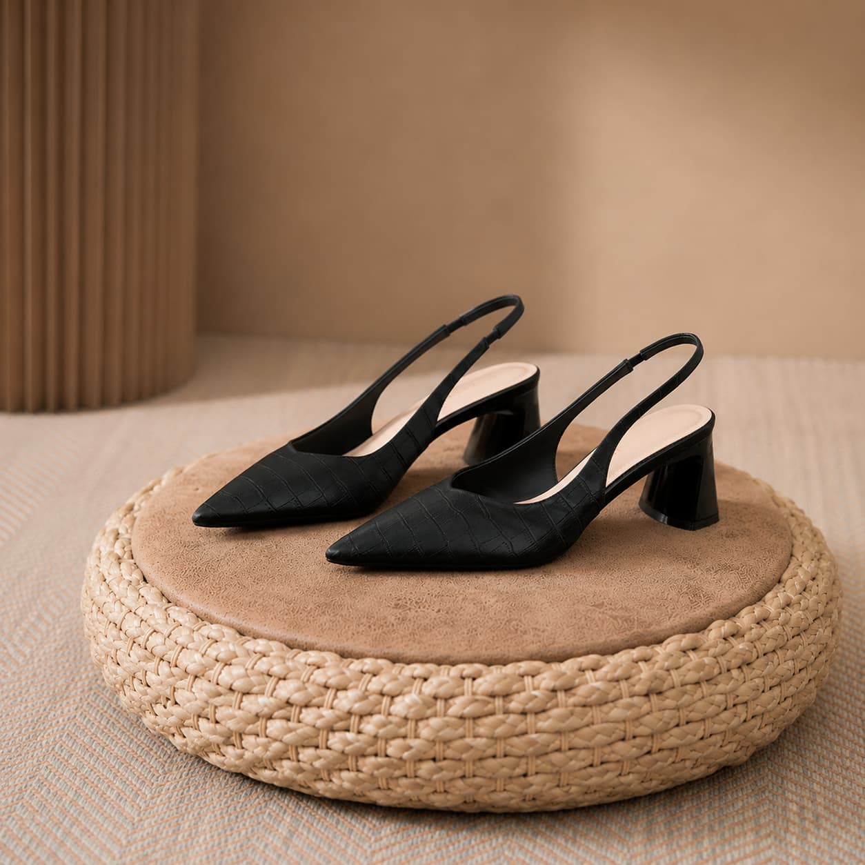 Croc Embossed Pointed Toe Slingback Pumps Block Heel Shoes 1039842418241