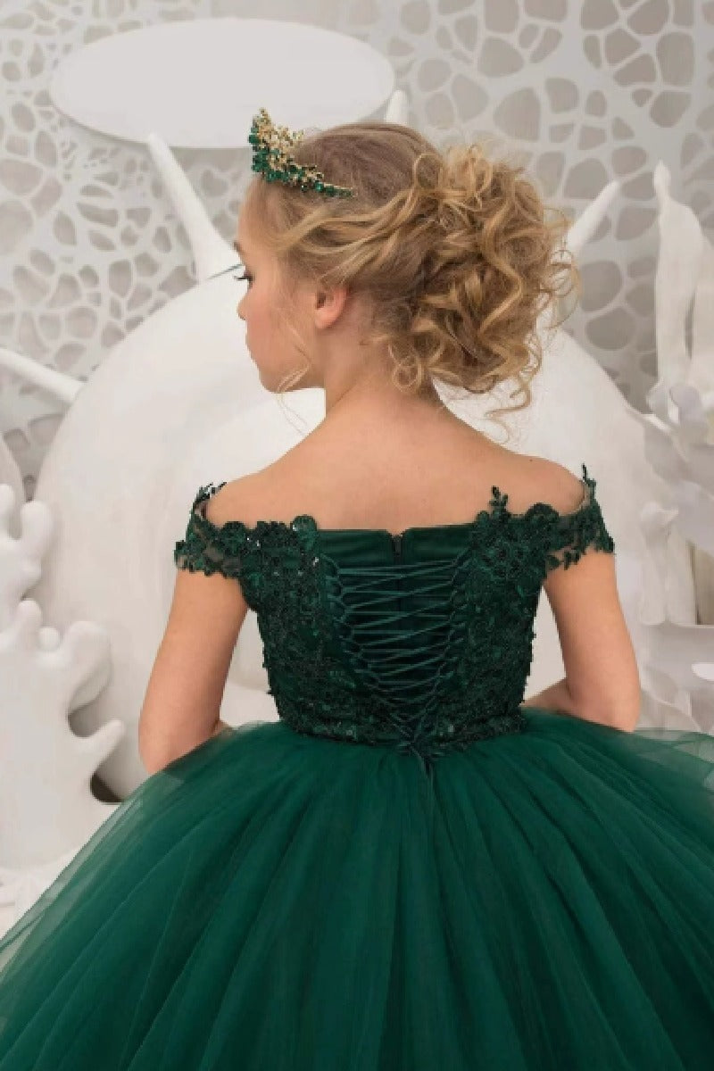 A-Line Off The Shoulder Long Sleeve Tulle Floor Length Flower Girl Dresses 617925271837
