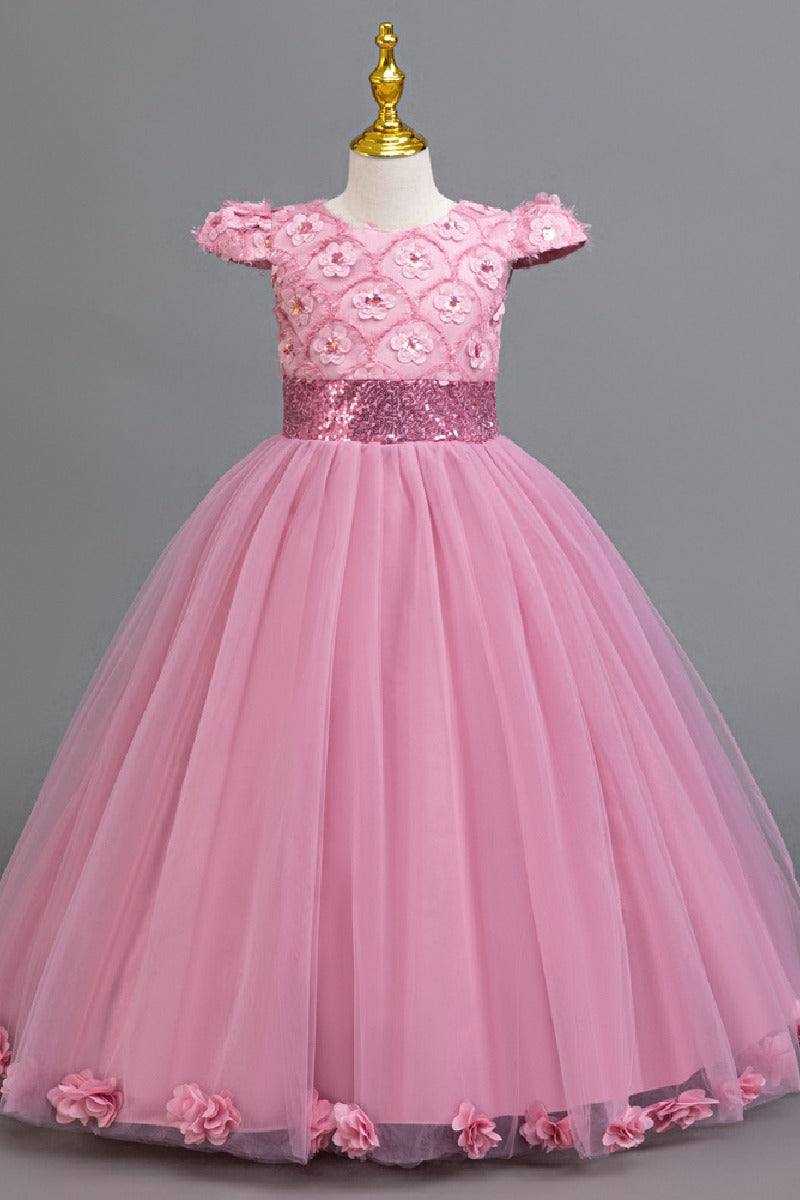 A-Line Cap Sleeve Floor Length Tulle Lace Flower Girl Dresses 1029258786044