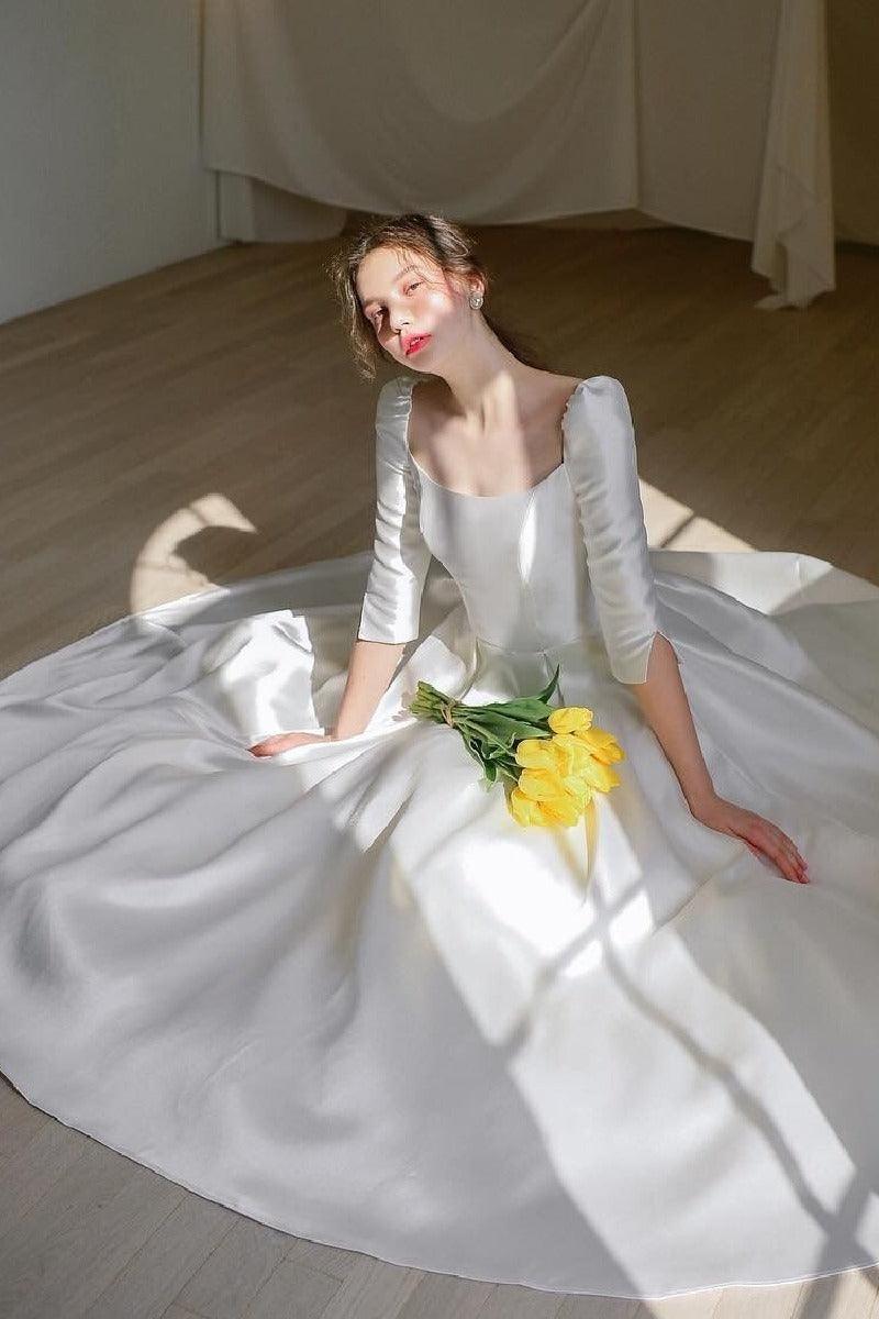 A-Line High-Low Satin Wedding Dress 675834048411 - COCOMELODY