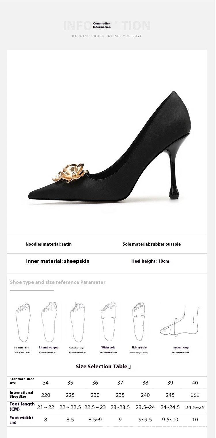 3D Flowers black Satin Pointy Stiletto Heels 769556407493 - COCOMELODY