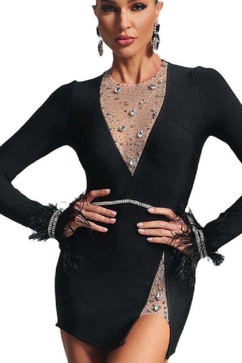Feathered long sleeve little black dress bandage cocktail dress 799166656038 - COCOMELODY