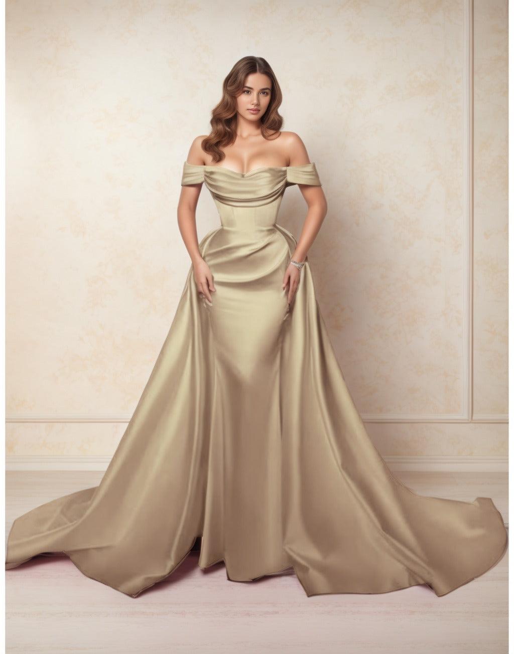A-Line Chapel Train Satin Prom Dress CS0416 - COCOMELODY