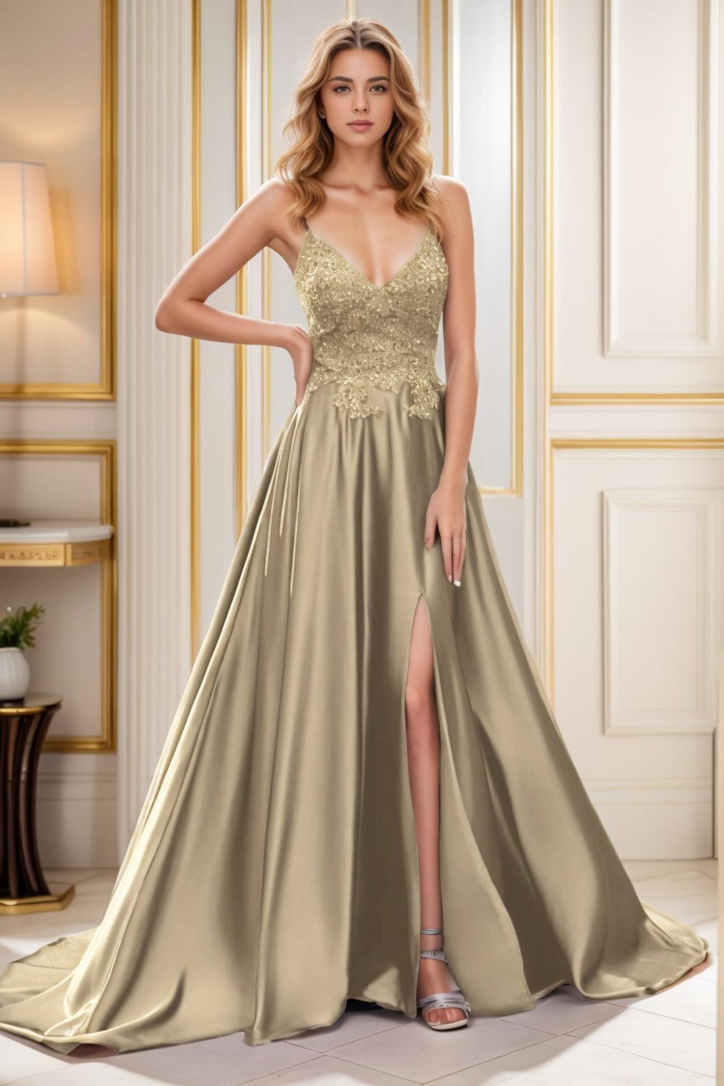 A-Line Court Train Satin Prom Dress CS0460 - COCOMELODY