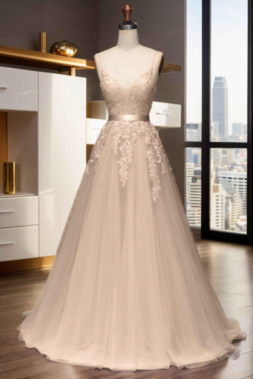 A-Line Sweep-Brush Train Tulle Prom Dress CS0464 - COCOMELODY