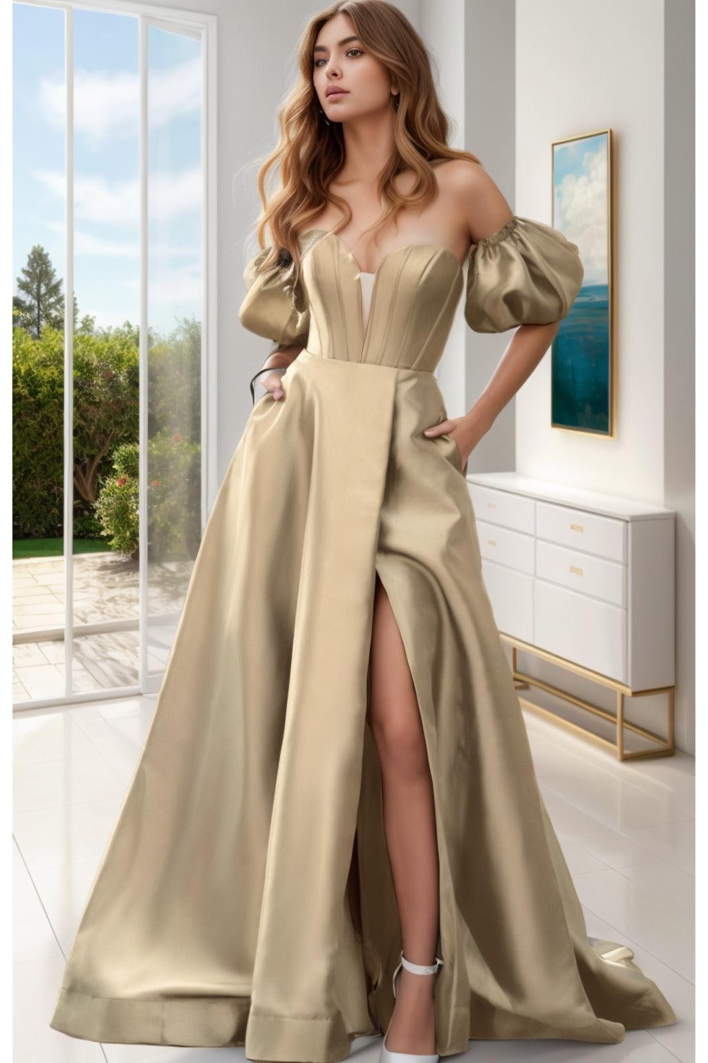 A-Line Sweep-Brush Train Satin Prom Dress CS0448 - COCOMELODY