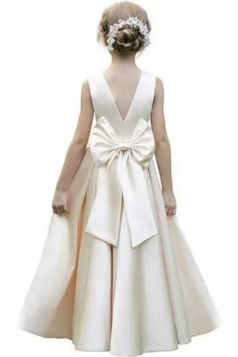 Elegant Satin Pearl Waist Pleated Skirt Bow Back Flower Girl Dresses 807252665221