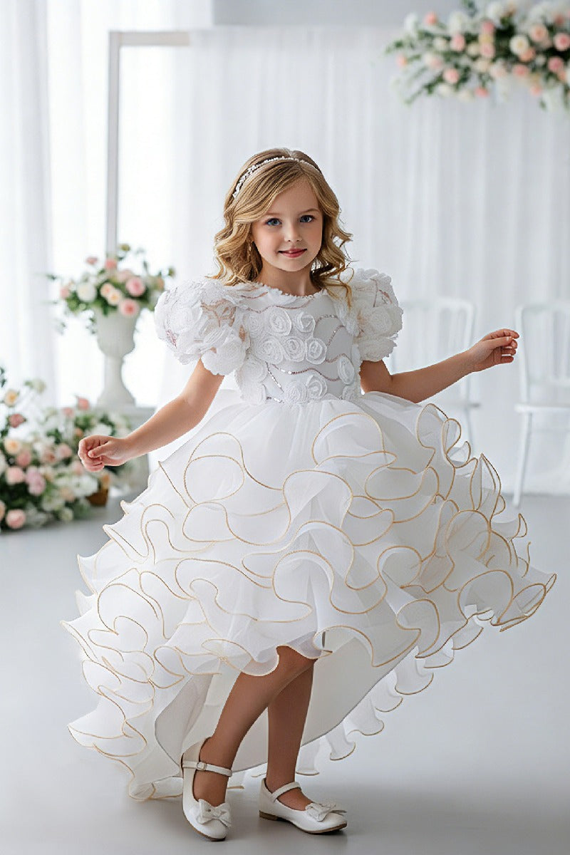 Princess Pearl Round Neck Short Puff Bubble Sleeve Ruffled Hi-Low Tulle Flower Girl Dresses 1030620832344
