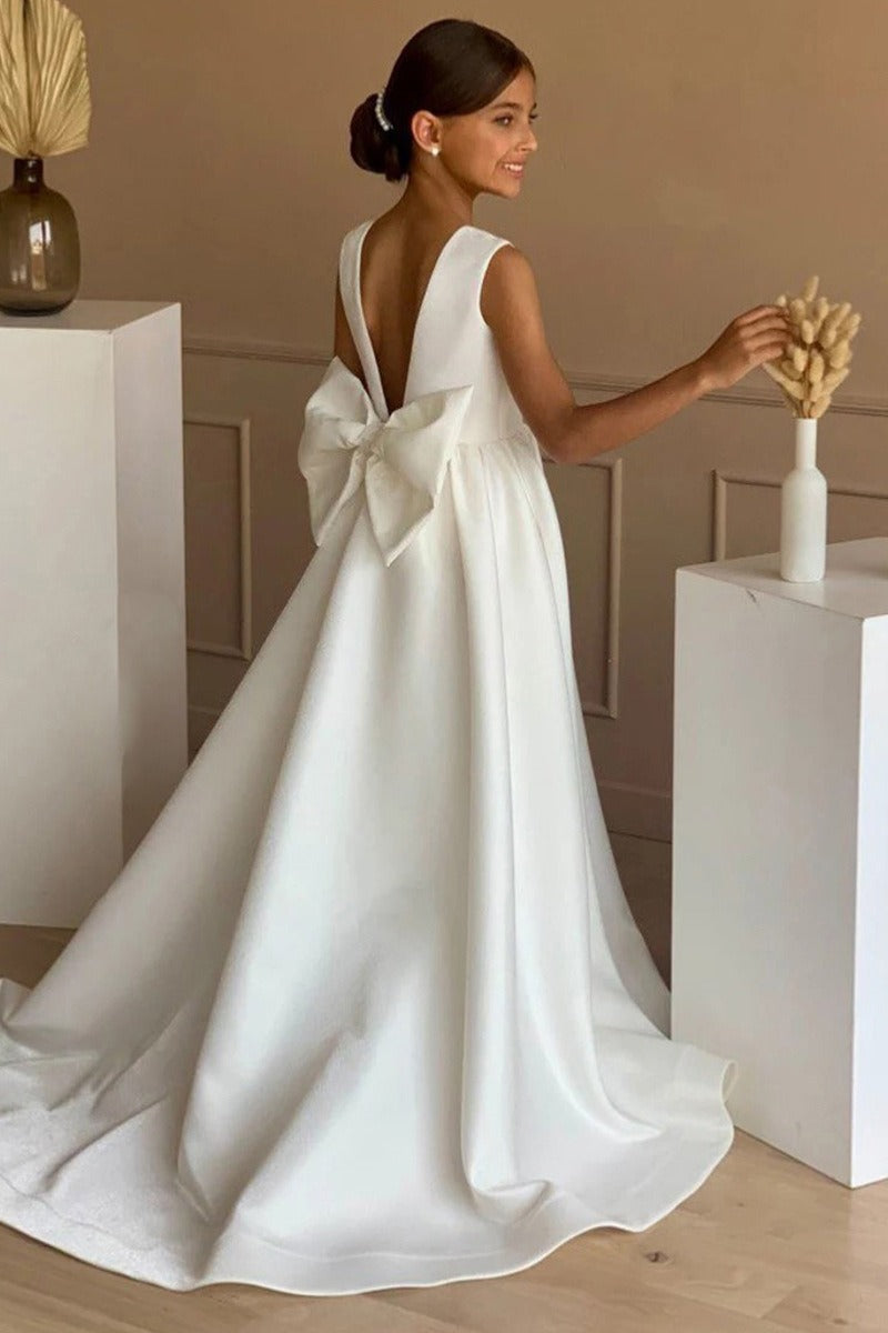 Elegant Satin V-Back Bow Sweep-Brush Train Flower Girl Dresses 985833041393
