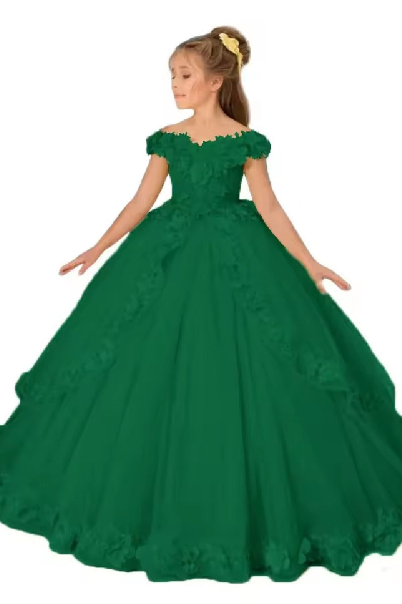 A-Line Off The Shoulder Cap Sleeve Tulle Court Train Flower Girl Dresses 905552294527
