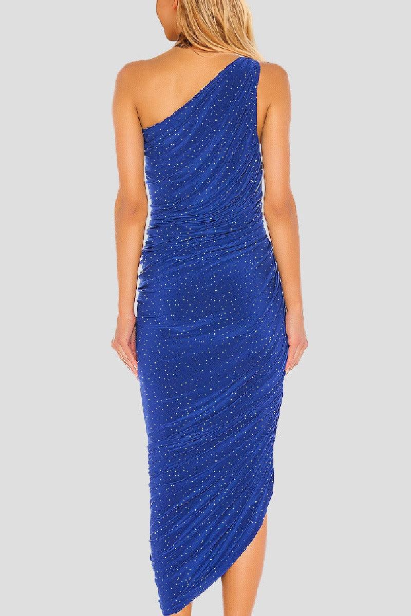Silver wire pleated oblique shoulder cocktail dress 752479154321 - COCOMELODY
