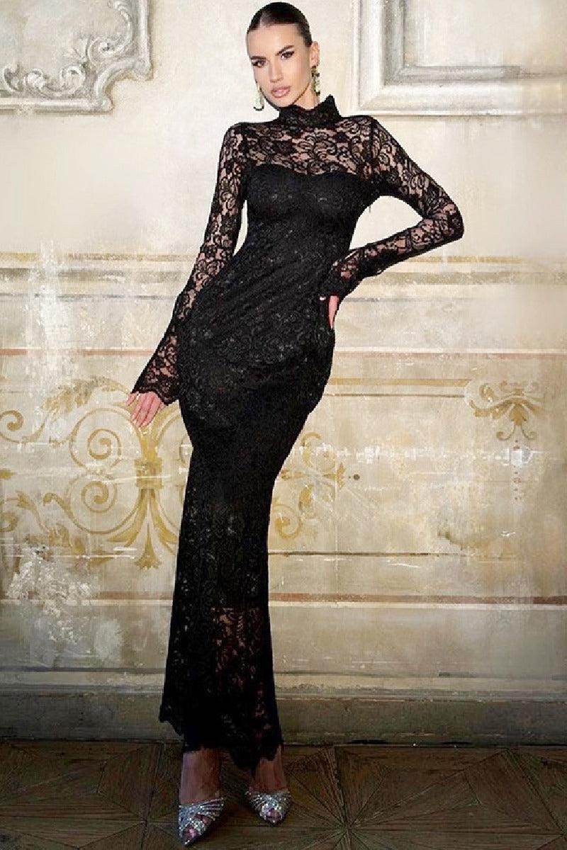 Lace patchwork slim long sleeved cocktail dress 769178582453 - COCOMELODY