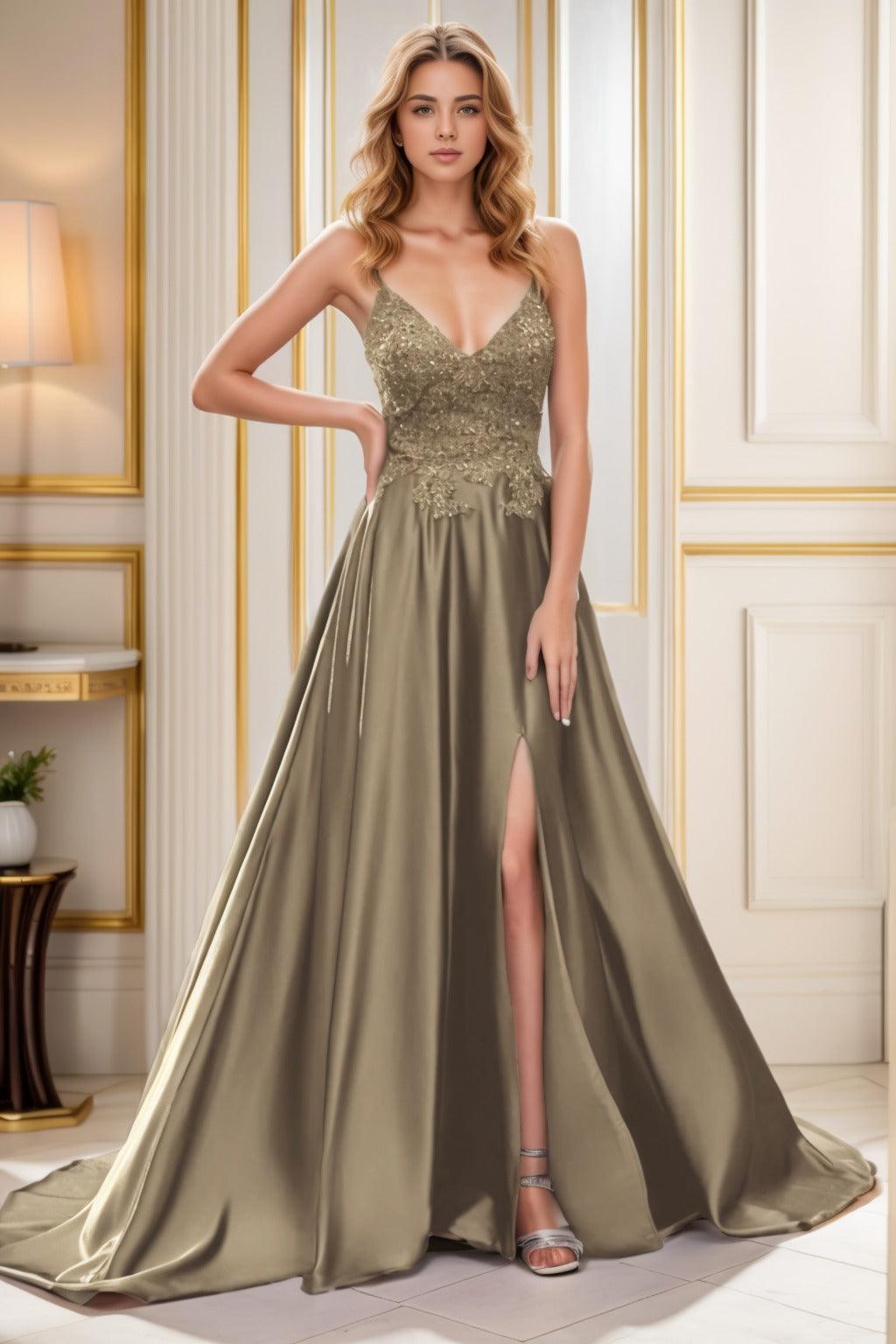 A-Line Court Train Satin Prom Dress CS0460 - COCOMELODY
