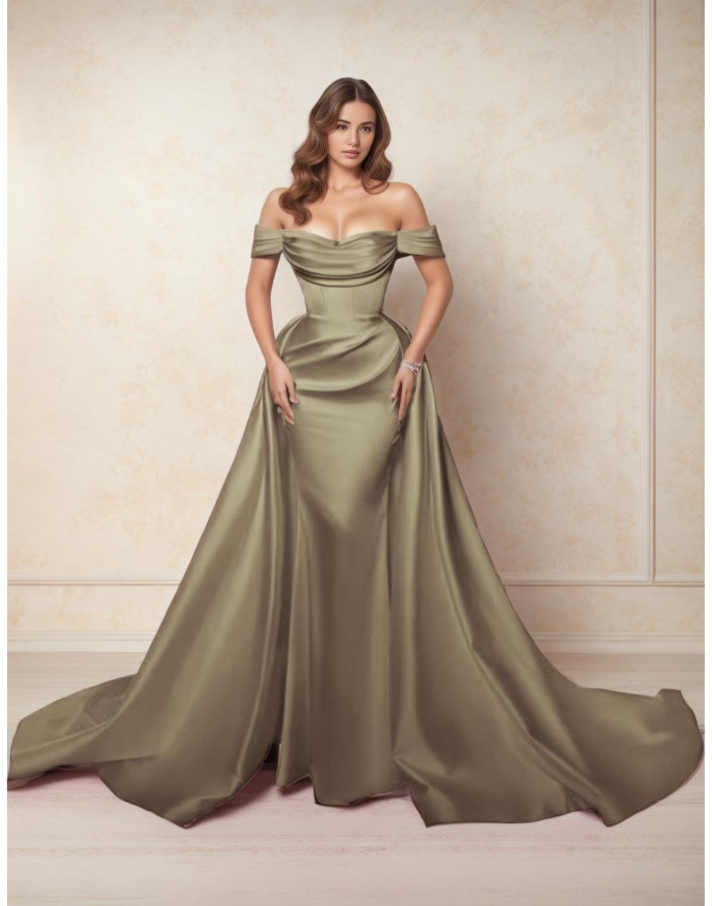 A-Line Chapel Train Satin Prom Dress CS0416 - COCOMELODY
