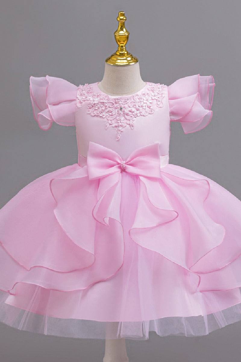 Short Flutter Sleeve Organza Knee Length Flower Girl Dresses 1028919378818