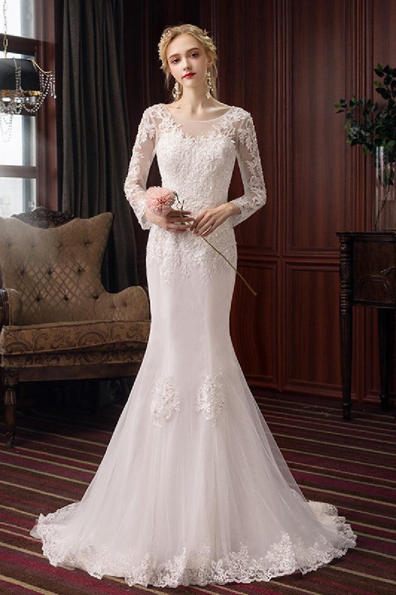 Trumpet-Mermaid Sweep-Brush Train Lace Tulle Wedding Dress 605503223960 - COCOMELODY