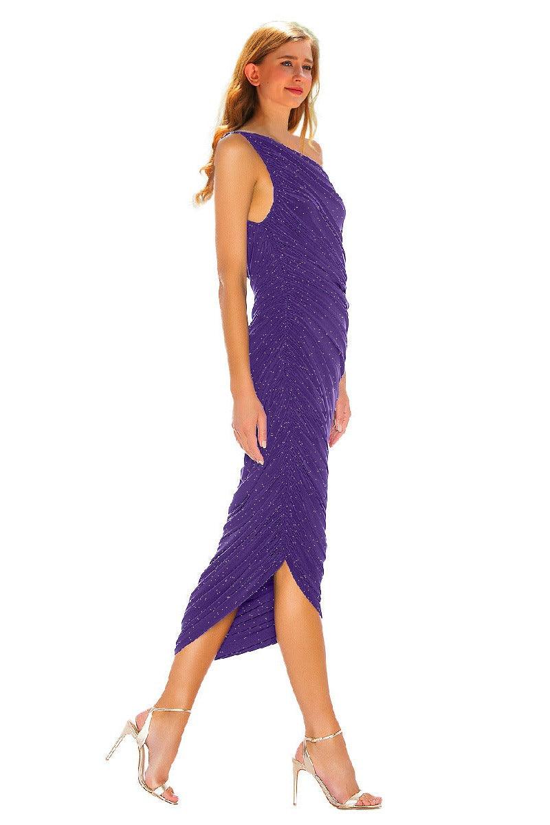 Silver wire pleated oblique shoulder cocktail dress 752479154321 - COCOMELODY