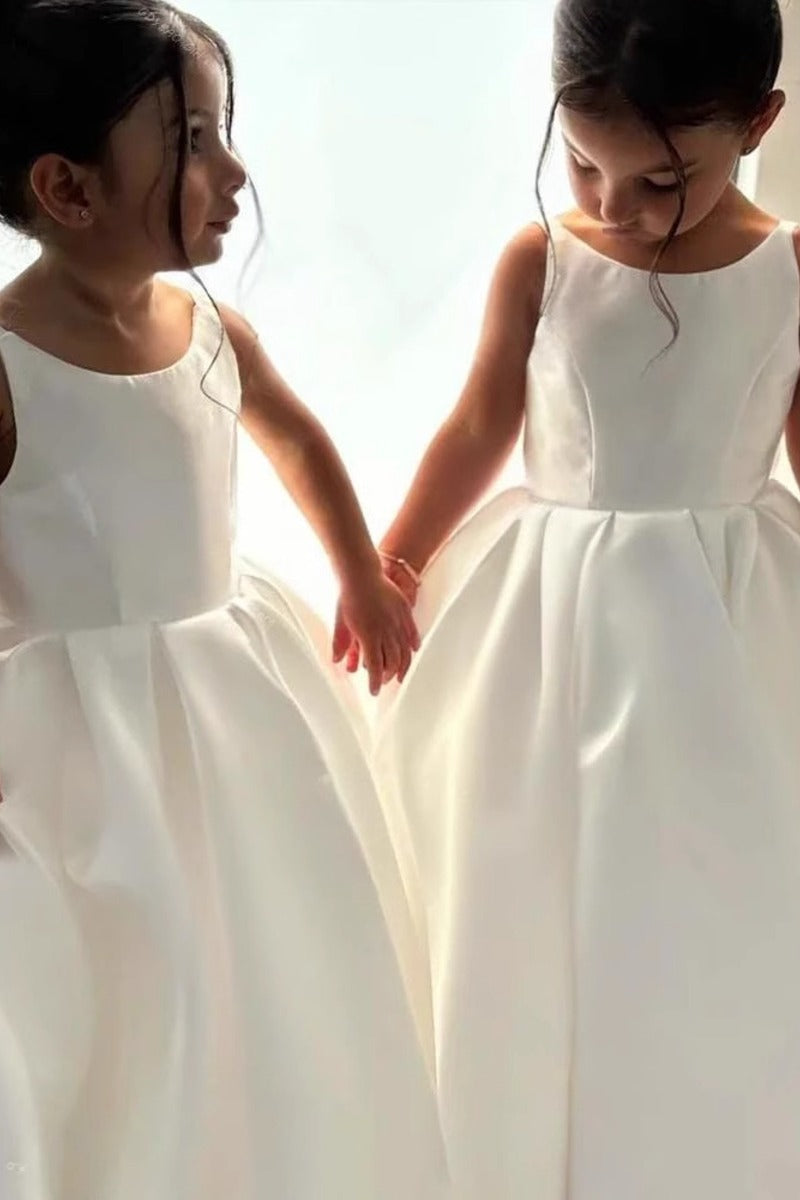 Elegant Satin Spaghetti Straps Back Big Bow Flower Girl Dresses 943918273899