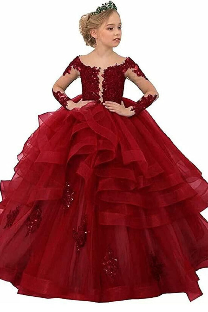 A-Line Off The Shoulder Long Sleeve Tulle Floor Length Flower Girl Dresses 617925271837