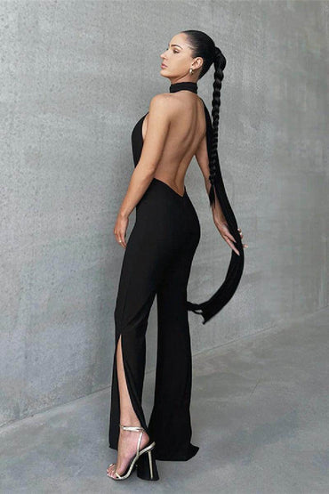 Halter sexy hollowed-out backless slim-fit jumpsuit party dress 729888018414 - COCOMELODY