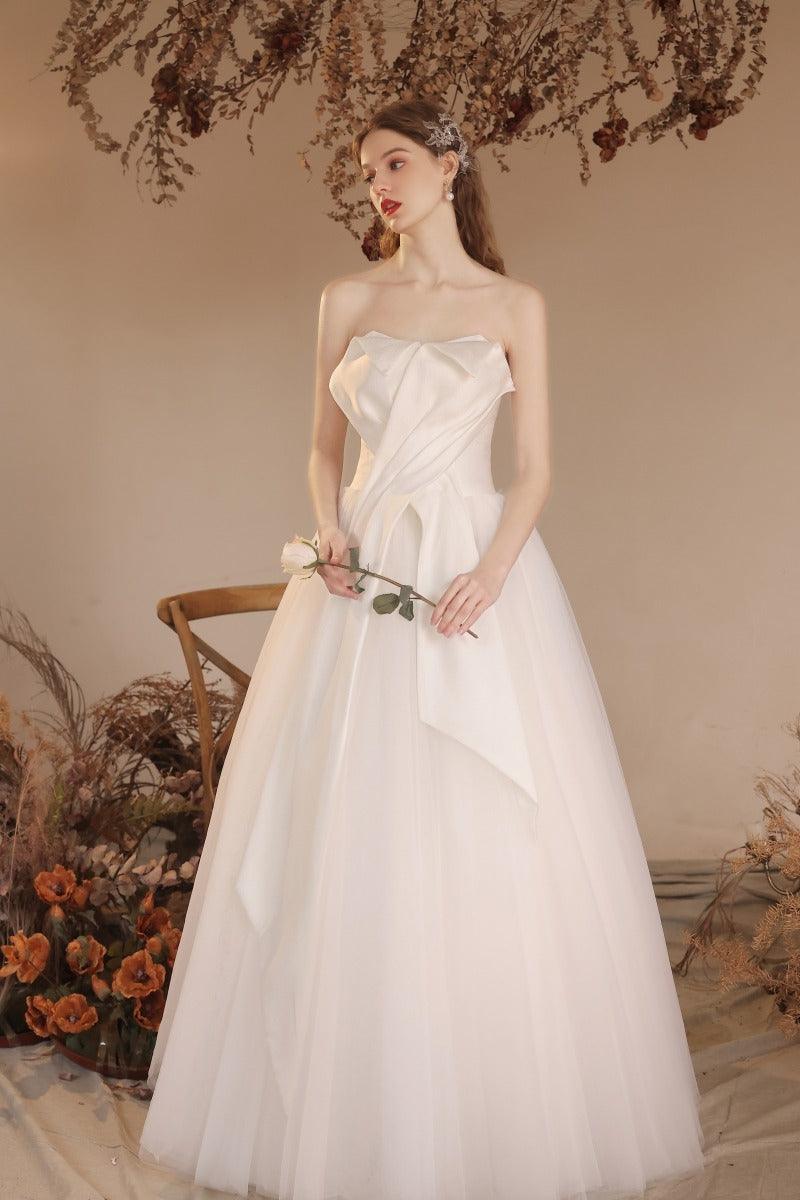 A-Line Floor Length Satin Tulle Wedding Dress 770225824782 - COCOMELODY