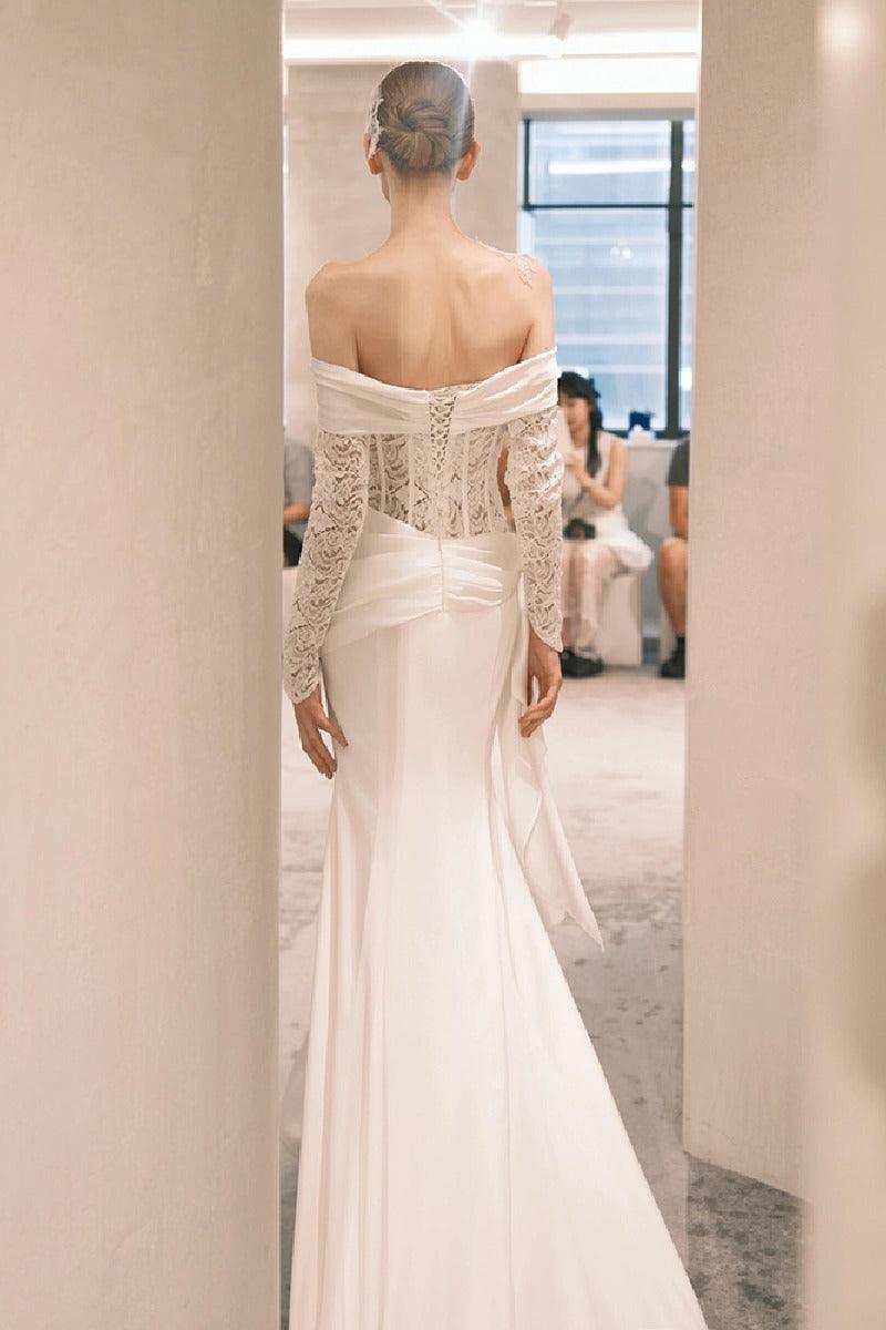 Sheath-Column Court Train Lace Satin Wedding Dress 818657898360 - COCOMELODY