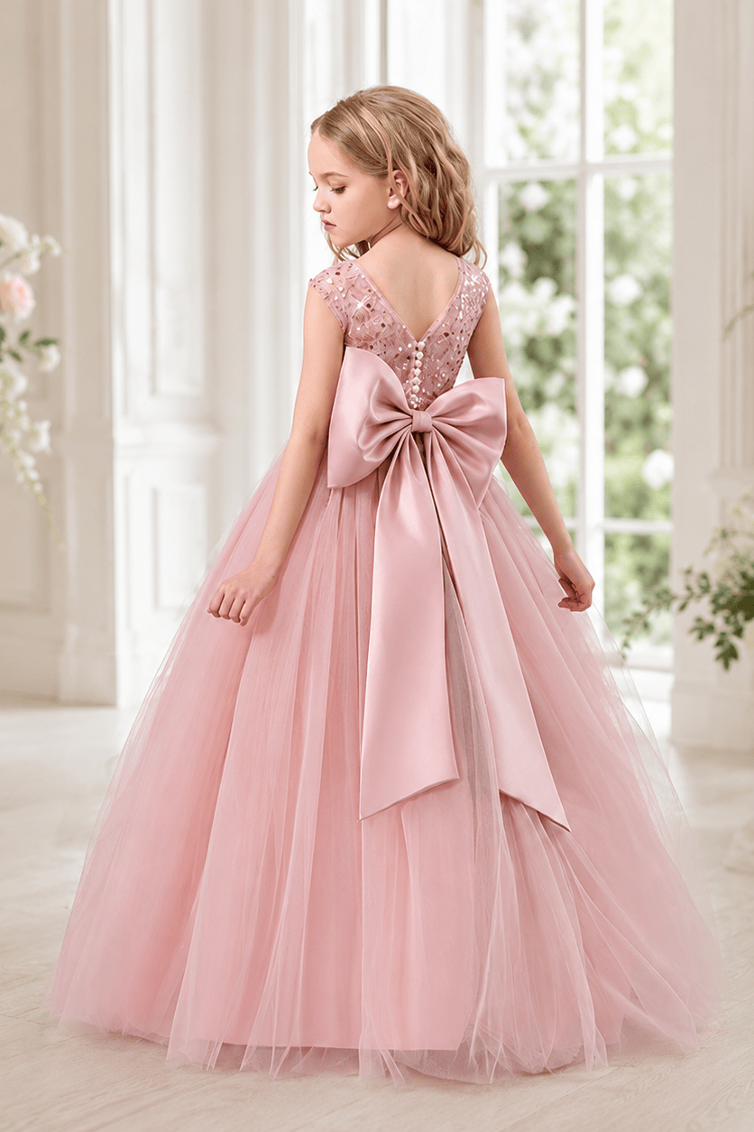 Elegant Lace Bodice Illusion Neckline Bow Back Tulle Flower Girl Dresses 901111463292