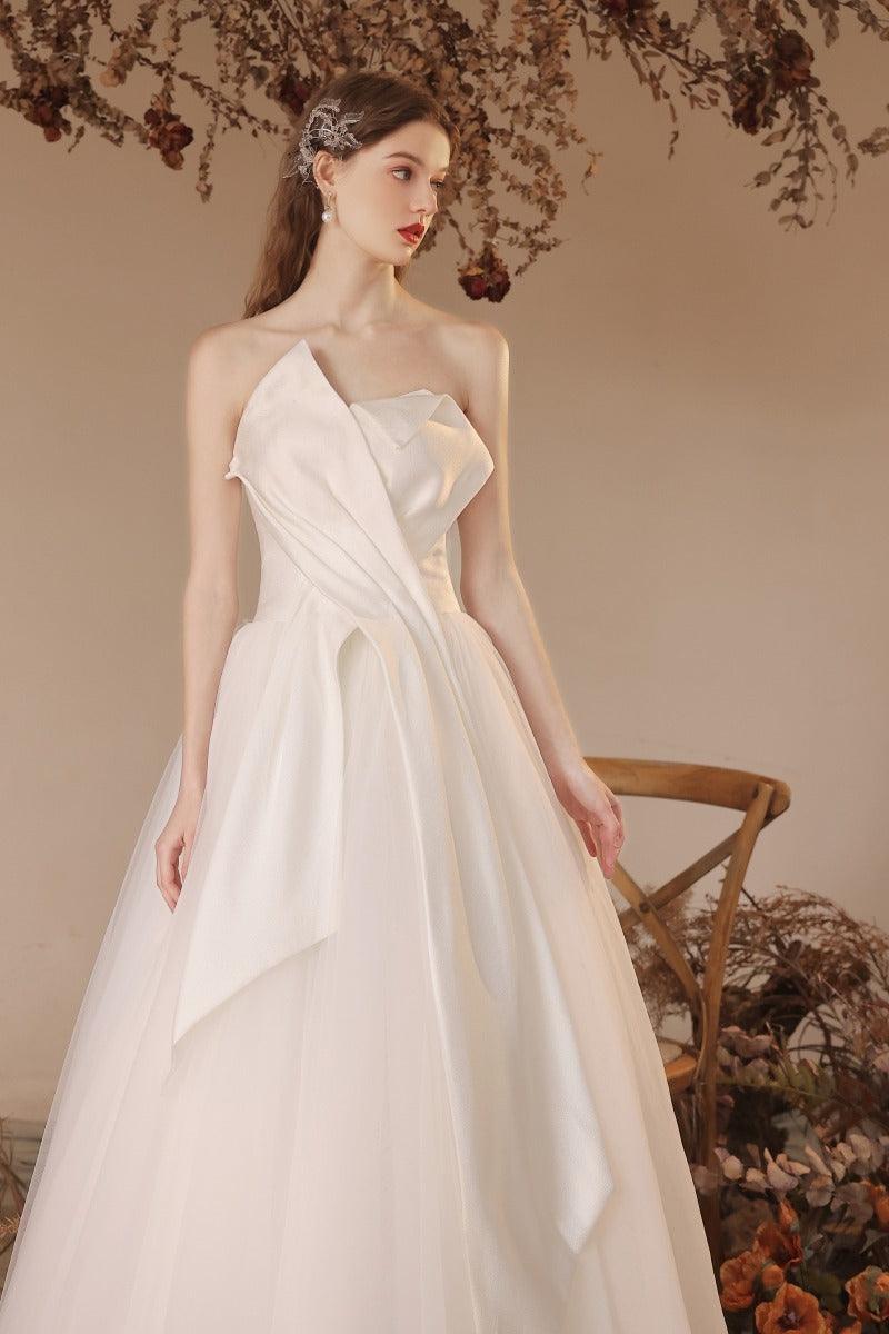 A-Line Floor Length Satin Tulle Wedding Dress 770225824782 - COCOMELODY