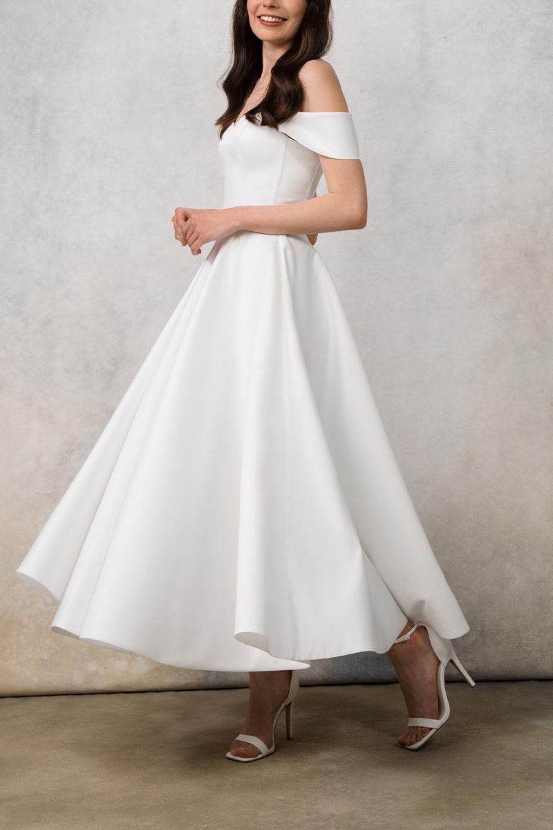 A-Line Tea Length Satin Little White Dress 100042 - COCOMELODY