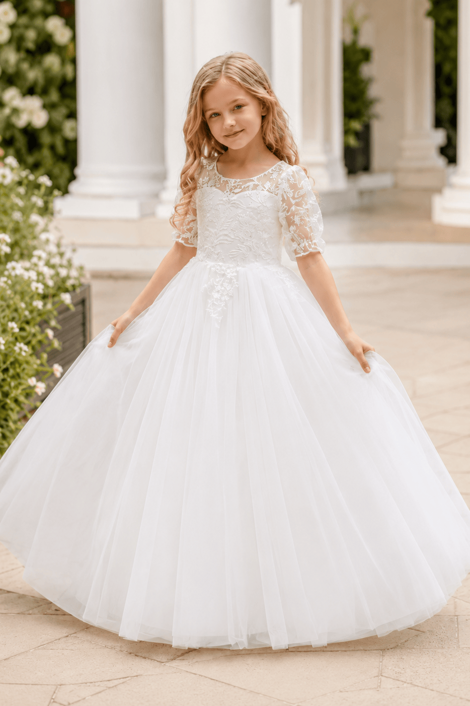 A-Line Lace Sleeve Round Neck Tulle V-Back Flower Girl Dresses 997761158002