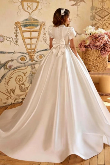 Beaded High Neck Satin Puff Sleeve Flower Girl Dresses 1024972137629 - 10 Days / White / 2 - COCOMELODY