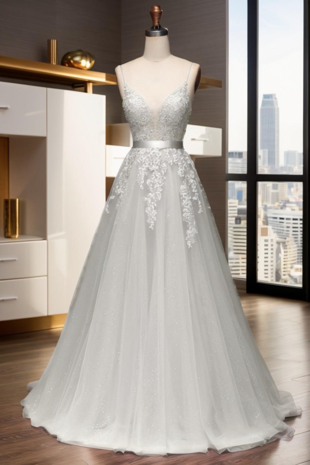 A-Line Sweep-Brush Train Tulle Prom Dress CS0464 - COCOMELODY