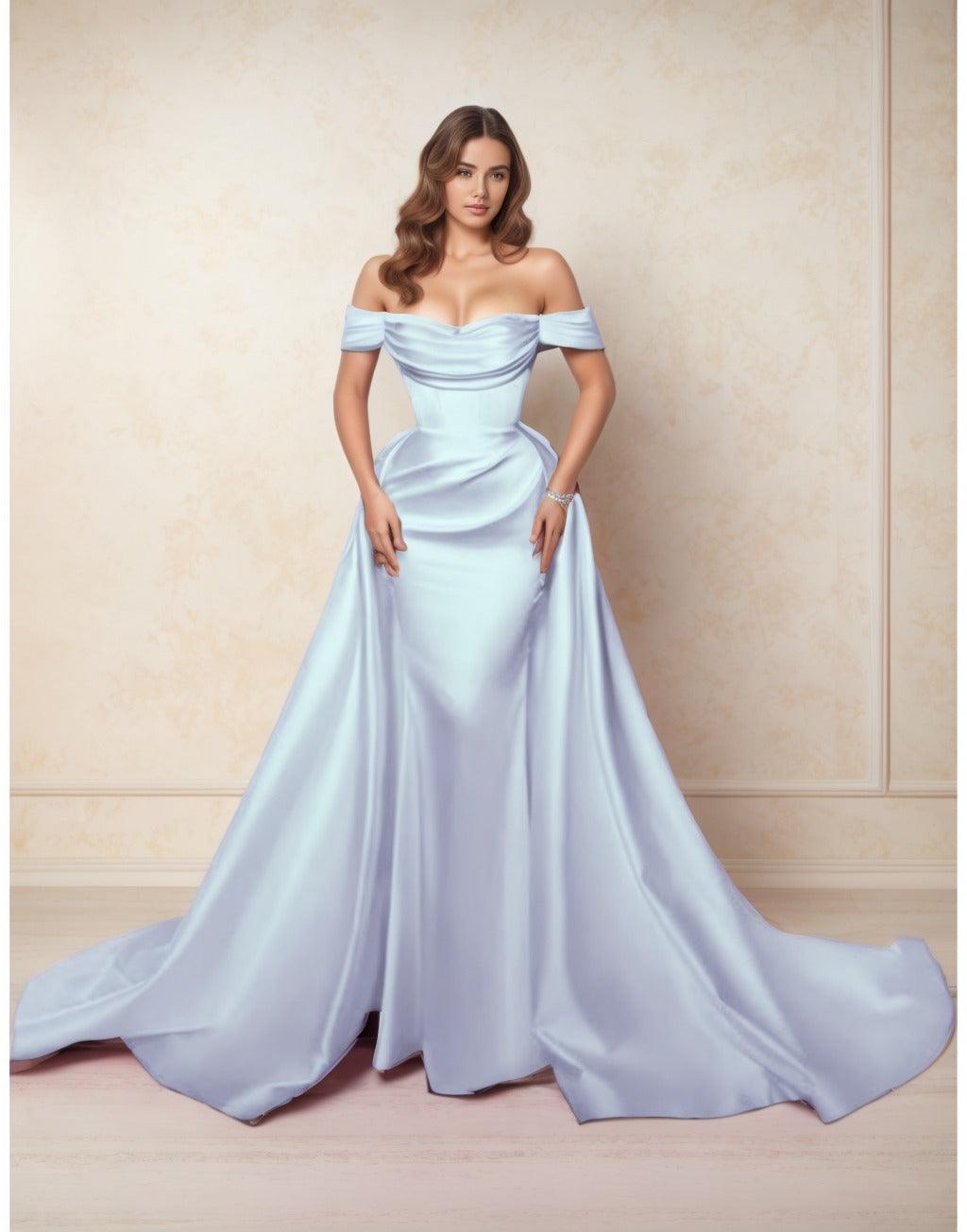A-Line Chapel Train Satin Prom Dress CS0416 - COCOMELODY