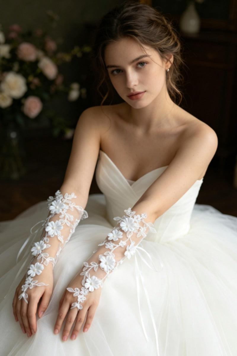 Floral Lace Fingerless Pearl Wedding Gloves 1070895243014 - 7 Days / Ivory - COCOMELODY