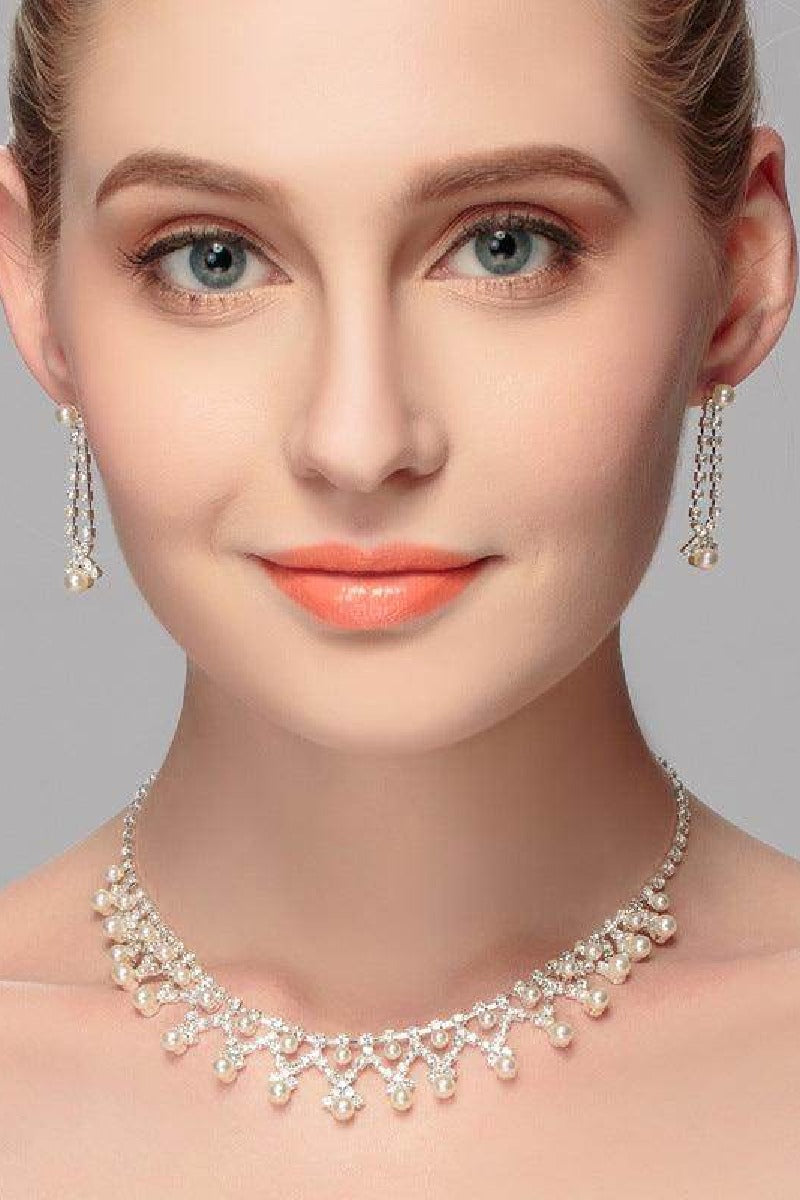 Jewelry Pearl Rhinestone Necklace Earrings 2-Piece Set 527668596787