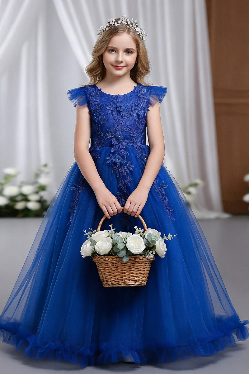 A-Line Round Neck Flutter Cap Sleeve Lace Applique Tulle Floor Length Flower Girl Dresses 1031527052172