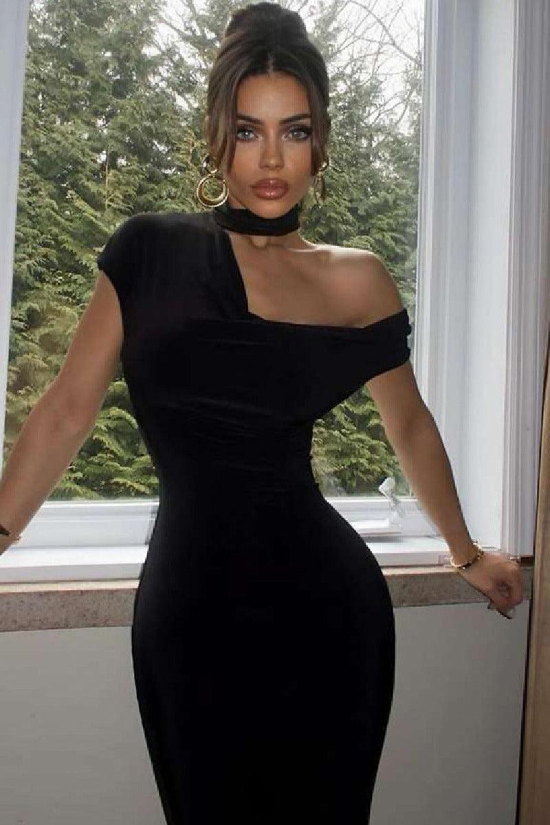 Stylish slim-fit dress with sloping neck and off-the-shoulder 784979974906 - COCOMELODY