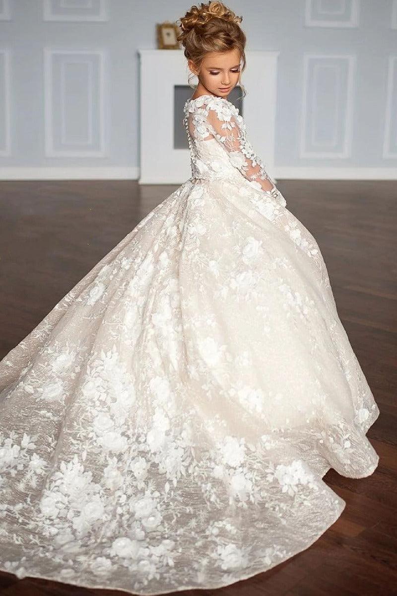 A-Line Illusion Neck Long Sleeve Lace Chapel Train Flower Girl Dresses 688674536065