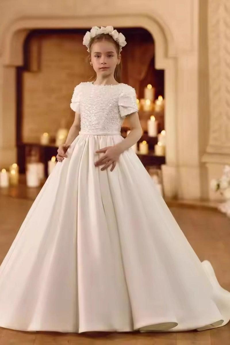 Round Neck Puff Short Sleeve Beaded Bodice Satin Flower Girl Dresses 989473399353 - 15 Days / White / 2 - COCOMELODY