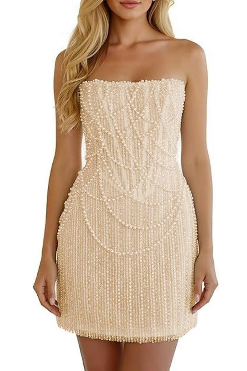 Sheath-Column Strapless Short Pearls Sequin Dress CS1075