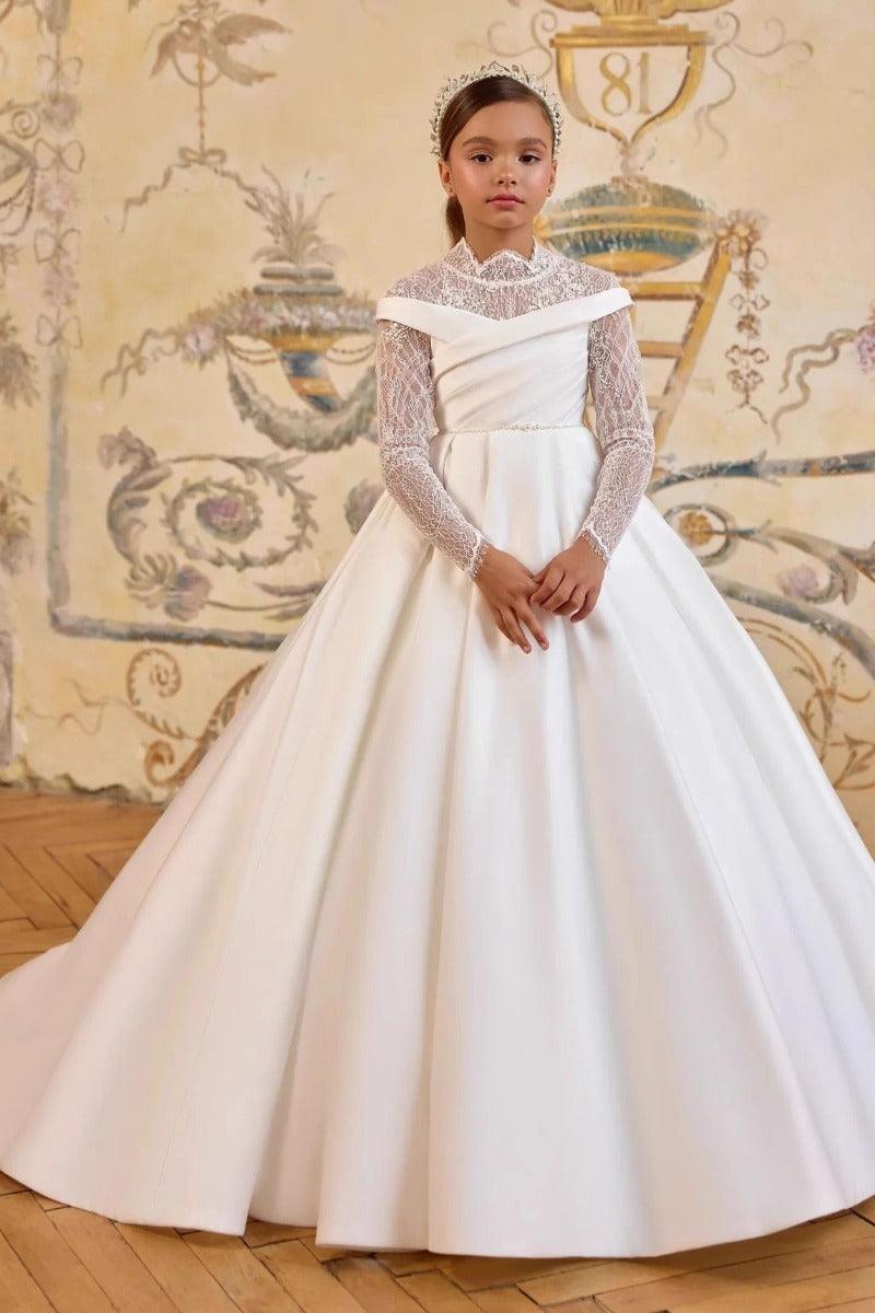 Off-Shoulder High Neck Lace Long Sleeve Satin Flower Girl Dresses 992930246596 - 10 Days / White / 2 - COCOMELODY