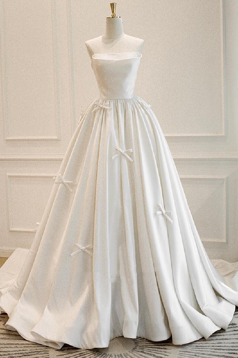 A-Line Sweep-Brush Train Satin Wedding Dress 819306631963 - COCOMELODY