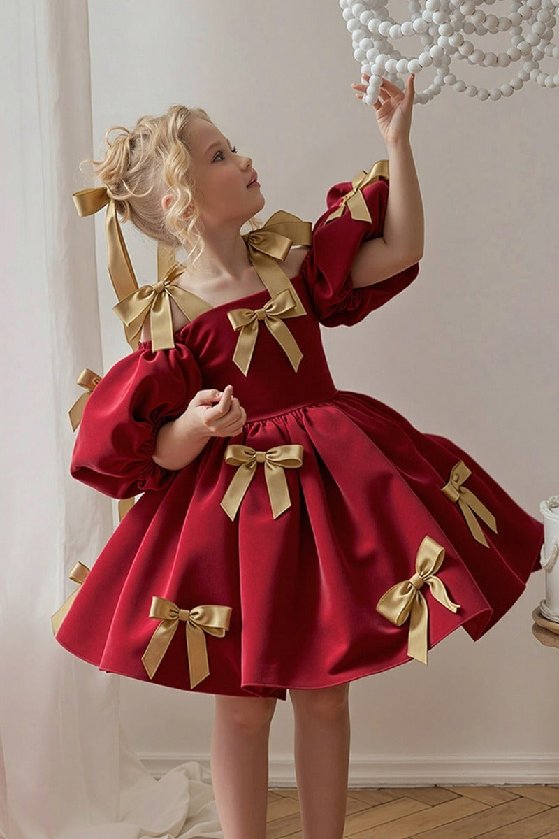 Sweet Satin Cold Shoulder Puff Sleeves Bow Details Flower Girl Dresses 994215152061