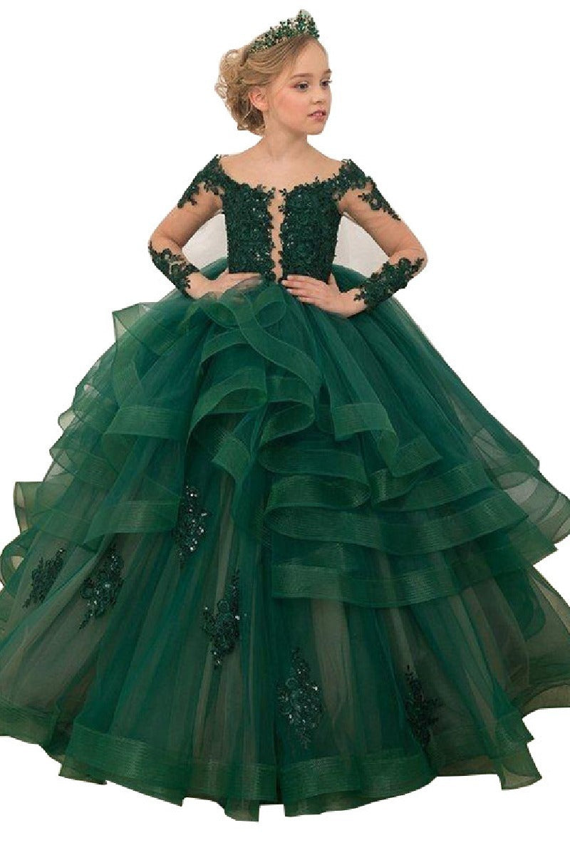 A-Line Off The Shoulder Long Sleeve Tulle Floor Length Flower Girl Dresses 617925271837