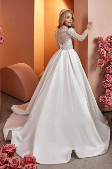 Illusion High Neck Lace Long Sleeve Tulle Flower Girl Dresses 742584424285 - 10 Days / White / 2 - COCOMELODY