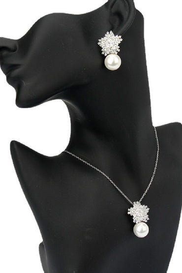 Snowflakes Shaped Pearl/Zircon Wedding Earrings/Necklace Jewelry Sets (Set of 2) 702536274457