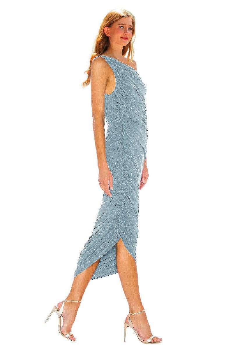Silver wire pleated oblique shoulder cocktail dress 752479154321 - COCOMELODY