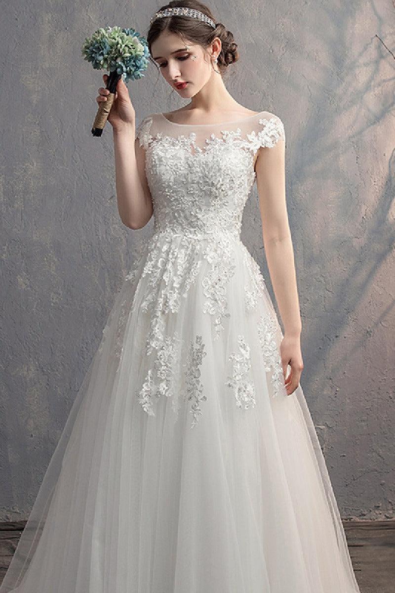 A-Line Sweep-Brush Train Lace Tulle Wedding Dress 774150163562 - COCOMELODY