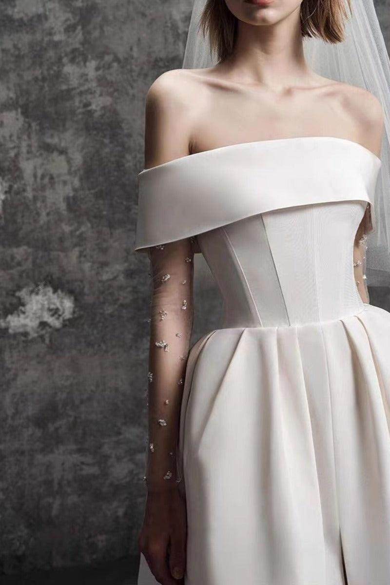 A-Line Tea Length Satin Wedding Dress 796475057645 - COCOMELODY