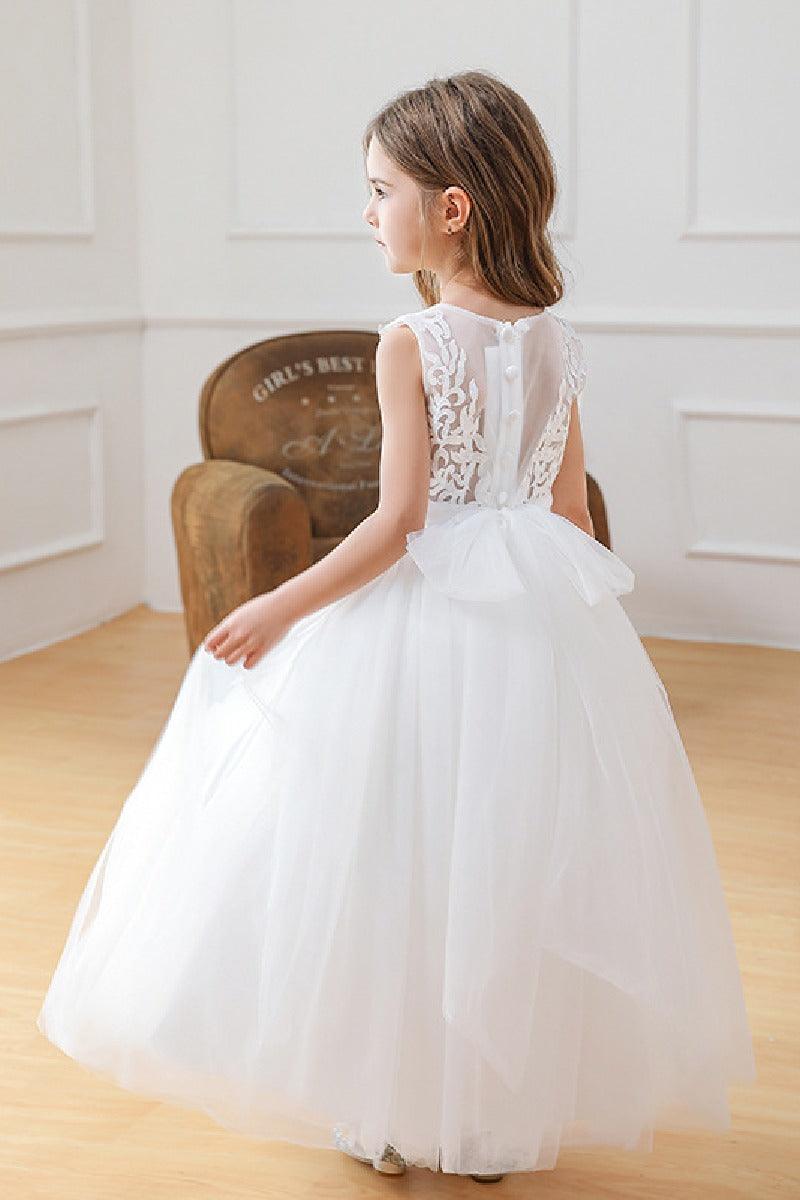 A-line/Princess Illusion Neck Tea Length Lace Tulle Flower Girl Dress 785081622909 - COCOMELODY
